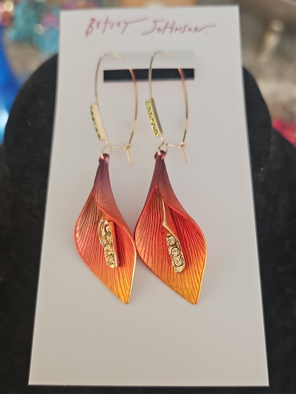 Betsey Johnson Red-to-Orange Gradient Leaf Drop Earrings with Gold Accents